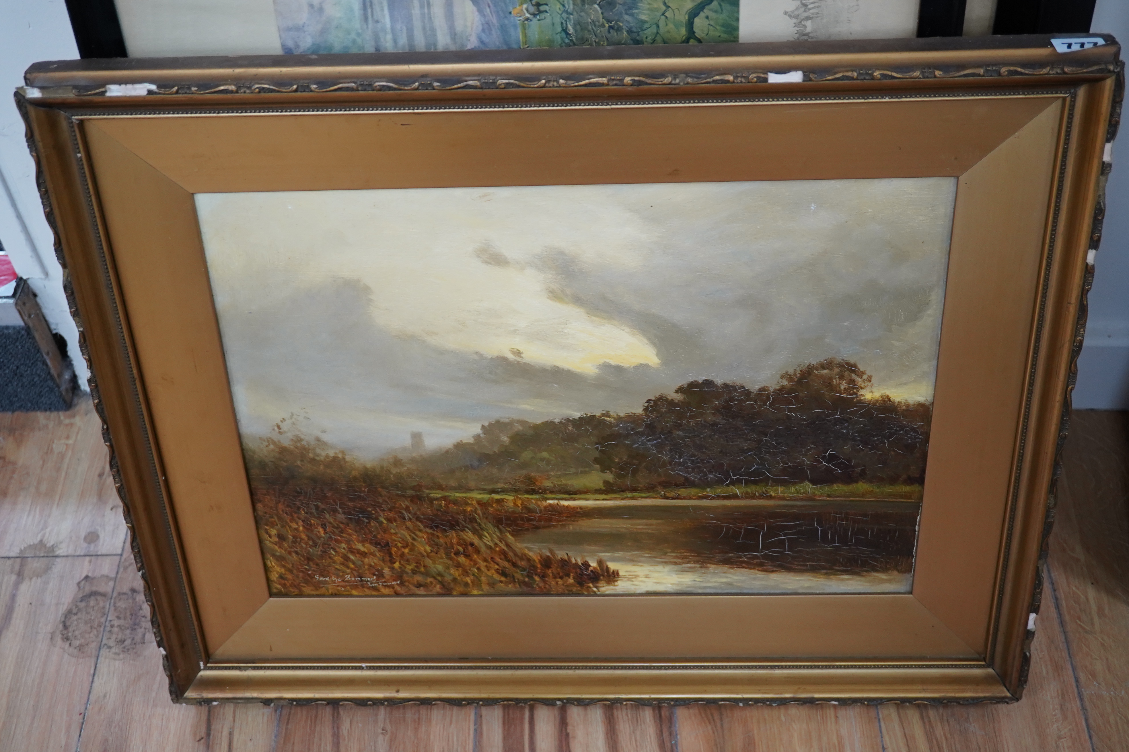 Tom Garwood, oil on board, riverscape, ‘Goodbye Summer’, signed, ink inscription verso, 34 x 49cm. Condition - fair